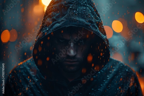 Rain and lights play off a hooded figure on a city street at night, creating a captivating, atmospheric scene