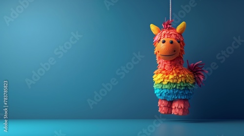 Festive Mexican Pinata for colorful party decorations, Minimalist depiction of a colorful pinata hanging from a string on a solid background
