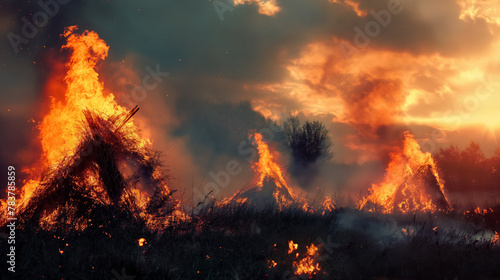 Dramatic scene unfolds with intense wildfires burning through brushwood against a dusky sky, emitting a smoky haze. © RISHAD