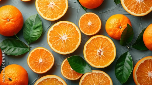 Fresh Halved and Whole Oranges with Green Leaves on Gray Background photo