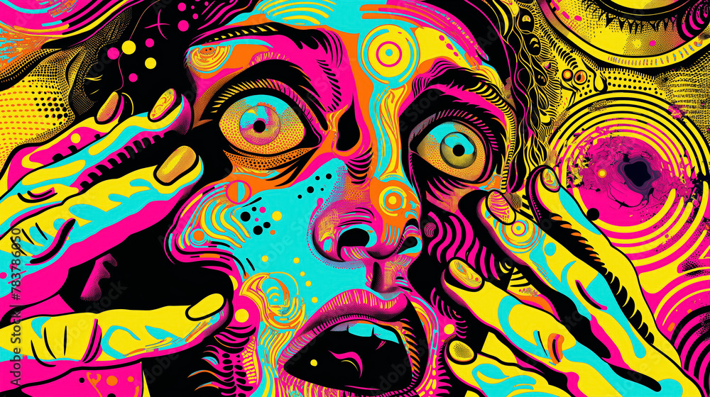 Psychedelic explosion of colors creates a vivid and abstract representation of a human face with mesmerizing patterns.