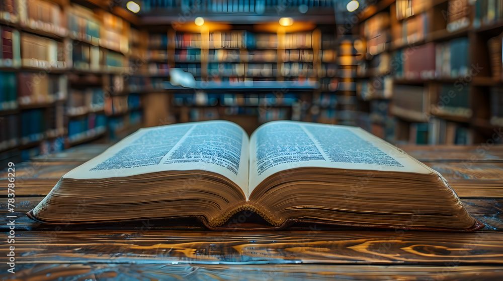 An open book lies on a wooden floor in a library. The book is surrounded by many bookshelves, and the shelves are filled with books. An open book lies on a wooden floor in a library. The book is surrounded by many bookshelves, and the shelves are filled with books.
