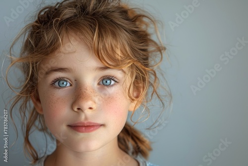 Close-up portrait of a young girl with curly hair, freckles, and bright blue eyes, depicting innocence
