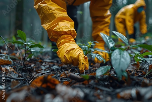 In the close-up photo, gloved hands plant a sapling in wet soil, with other volunteers in yellow raincoats in the background photo