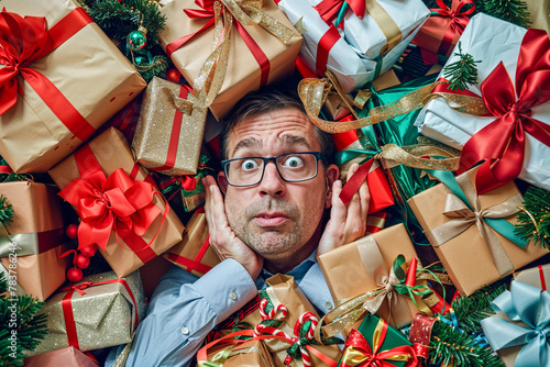 Man swamped by Christmas presents, holiday shopping stress, Christmas season, buying gifts