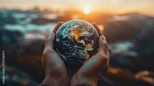 A person is holding a globe in their hands. The globe is surrounded by mountains and the sun is setting in the background. Concept of wonder and appreciation for the beauty of the world