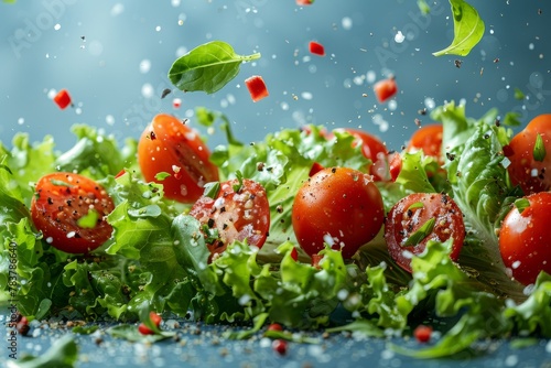 Energetic image of a fresh salad with juicy tomatoes and spices captured as they are sprinkled, creating a feeling of movement