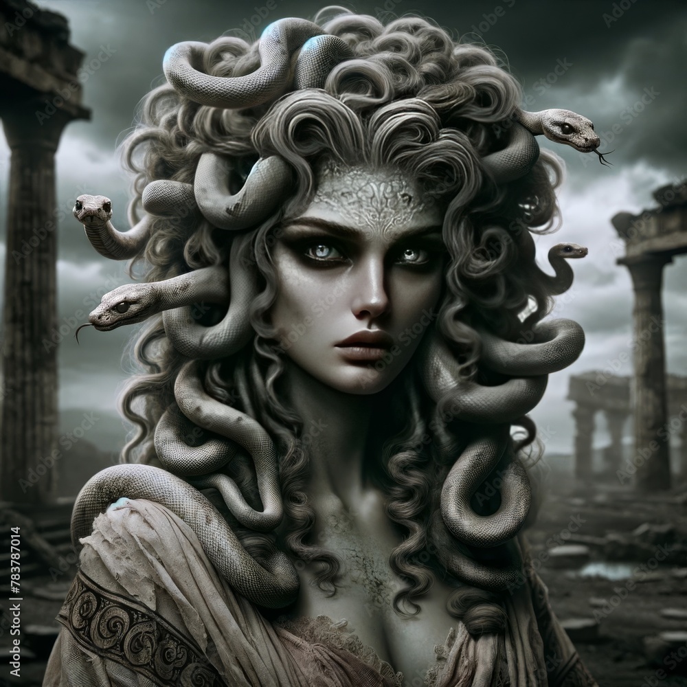 An enigmatic gorgon medusa in ruins with serpents for hair under stormy skies