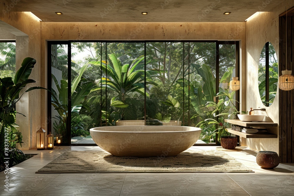 Luxurious stone bathtub in a bathroom overlooking lush greenery through a large window