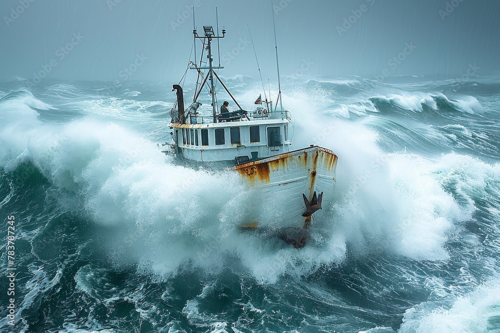 A dramatic scene of a fishing boat braving the high stormy waves in turbulent ocean waters The image captures the intensity of nature - obrazy, fototapety, plakaty 
