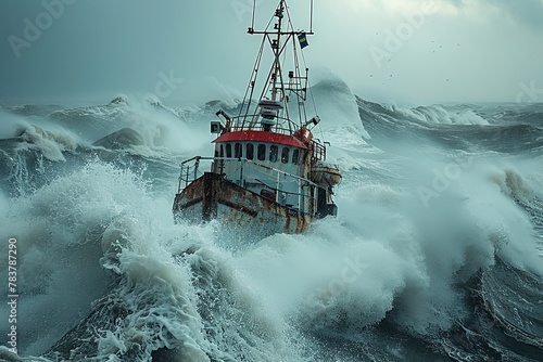 A solitary boat grappling with monstrous waves shows the battle between man and nature in stark detail