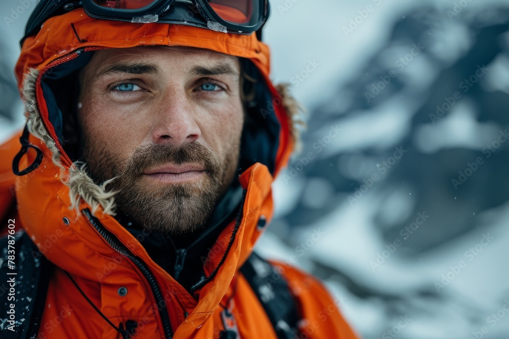 A focused mountain climber in bright orange gear with a helmet amongst a snowy mountain landscape, epitomizing dedication and exploration A focused mountain climber in bright orange gear with a helmet amongst a snowy mountain landscape, epitomizing dedication and exploration