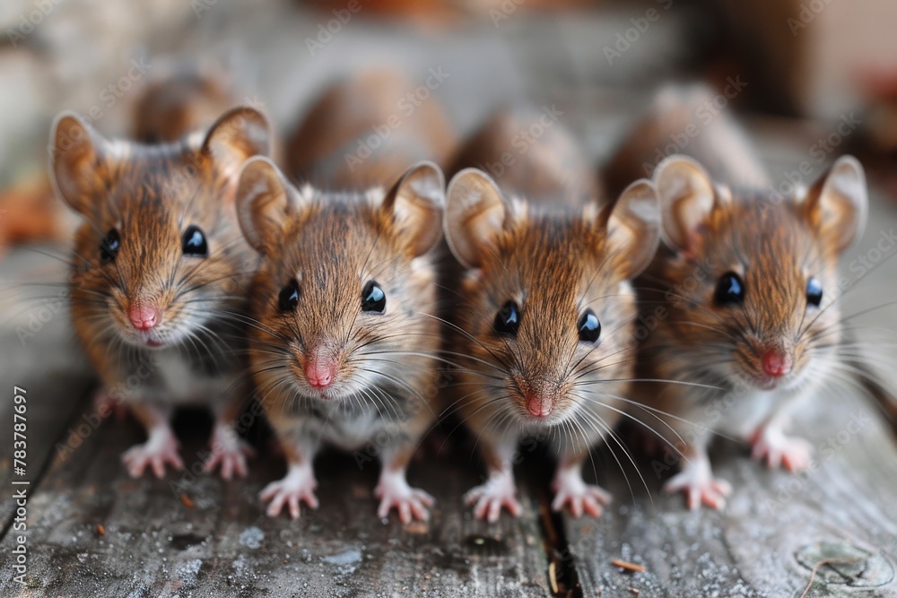 A cluster of mice stands closely on a rustic wooden surface, exuding warmth and curiosity in their gaze A cluster of mice stands closely on a rustic wooden surface, exuding warmth and curiosity in their gaze