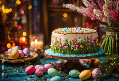 Easter cake in plate stand on decorated table with colorful holiday eggs and natural flowers. Christian traditional holiday food.