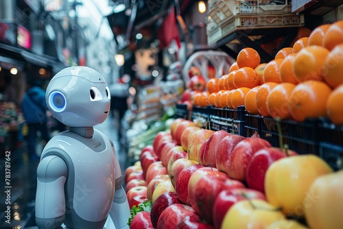 A modern robot standing amidst a colorful fruit stall, showcasing a fusion of technology and everyday life photo