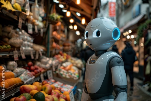 The image captures a futuristic robot intricately designed, posed among a variety of fresh fruits and vegetables in a busy market