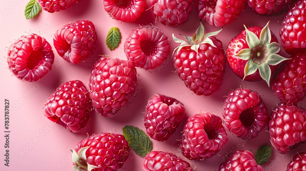Fresh raspberries and strawberries on a pink background Fresh raspberries and strawberries on a pink background