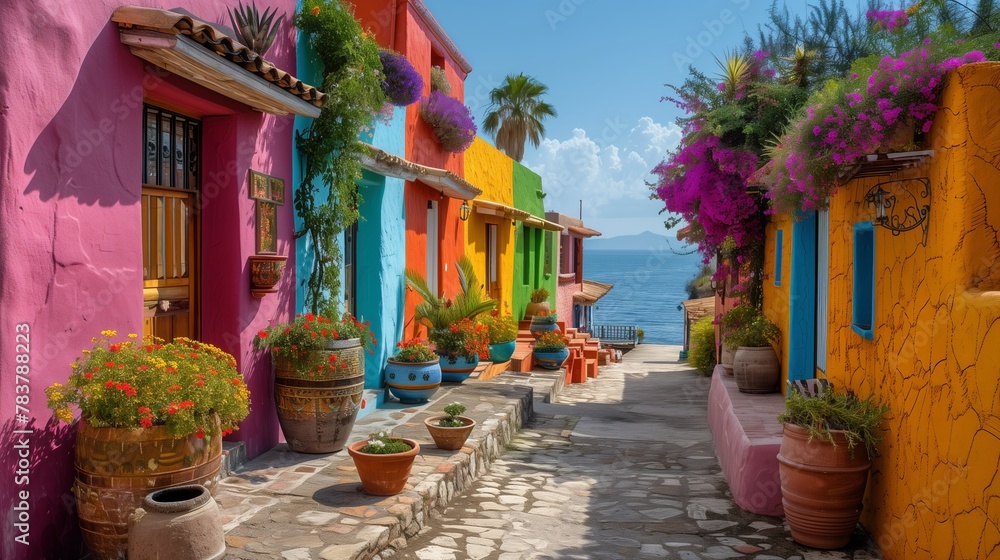 Obraz premium Street with colorful houses in the town, colorful homes with green plants