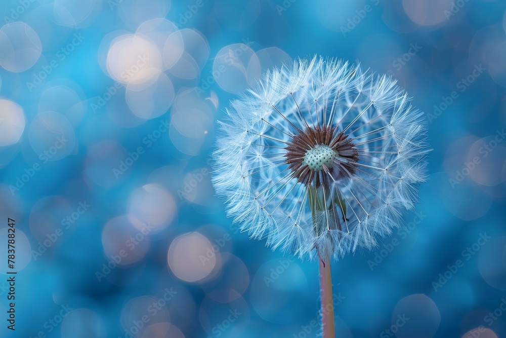 Single ethereal dandelion seed head stands out against a defocused blue background creating a tranquil scene