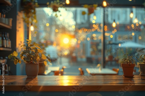 A serene setting captures the inviting atmosphere of a caf   with golden lights and plant decor