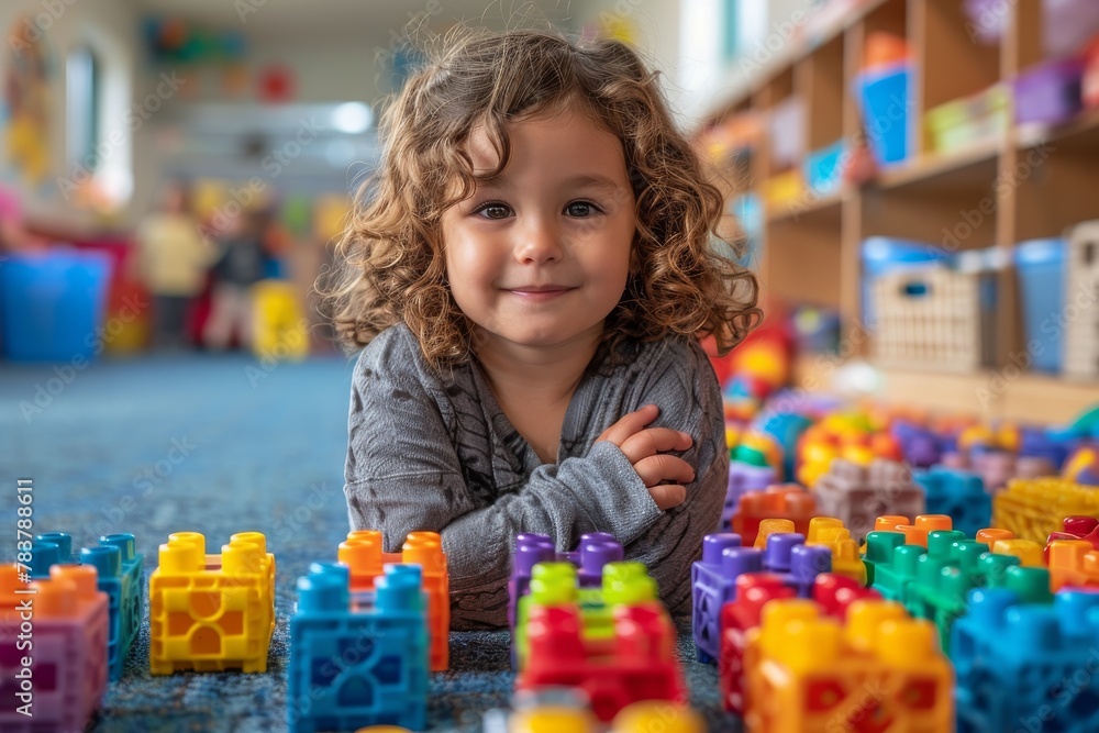 A toddler with curly hair grins broadly while playing with vibrant toy blocks on the floor of a playroom A toddler with curly hair grins broadly while playing with vibrant toy blocks on the floor of a playroom
