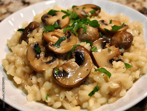 A bowl of mushroom risotto sits on a wooden table