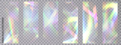Rainbow light rays, lens flare, reflection effect from crystal, glass or gem. Vector realistic illustration set of light leak effect with spectrum glare, prism refraction, lens flare	