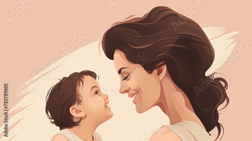 Portrait of a mother and child sharing a laugh, cute, simple 2d style pastel colors