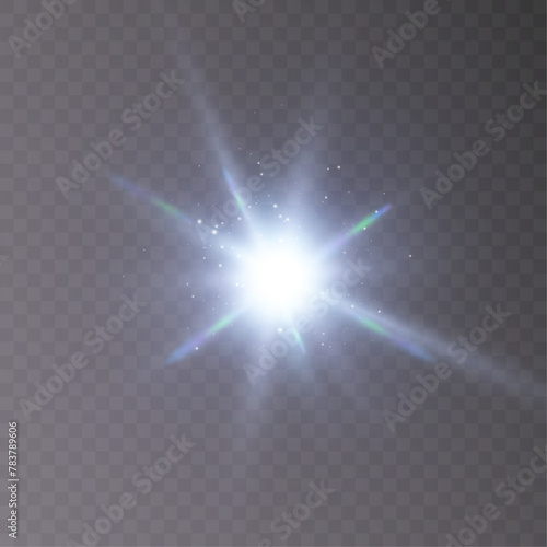 Light effect. Abstract blue flash of light and laser beams with glitter. Isolated on transparent background. Art and web design vector.	
