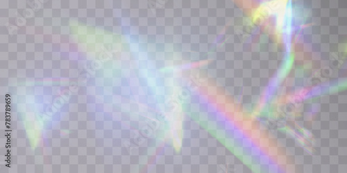 Crystal rainbow light and transparent glare effects. Background overlay. Triangular prism concept. Vector