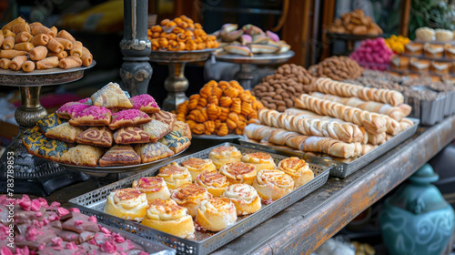A colorful Eid market stall selling freshly baked pastries and sweets