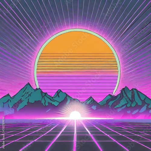 Image of a mountain with the sun in the middle futuristic retro style