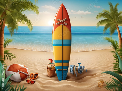 Summer-time vector banner design. It's summer-time text with beach elements like a surfboard, lifebuoy, sunglasses in the sea, and a sand background design.