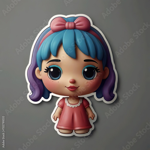 Pegatina 3d muñeca con el pelo azul y morado con un lazo y un vestido rosa