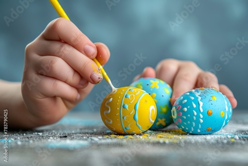 Easter egg decorating activity by children, captured in detail, against a plain background suitable for text