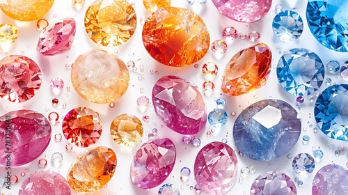 Colorful Gemstones with Water Droplets on White Surface photo