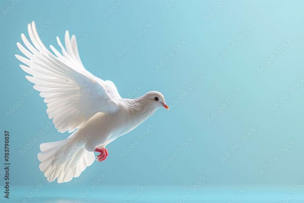 Minimalist 3D dove flying, bright, isolated background, symbol of peace and leadership, text space