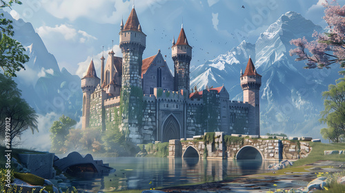 fantasy medieval castle in forest with river and snow mountain photo