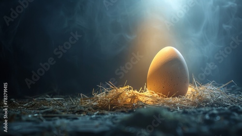 A solitary Easter egg under a spotlight, hinting at the joy of a family hunt, on a plain background for easy text placement