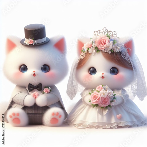 couple wedding kitten, flowers, kawaii, full body, white background © JetHuynh