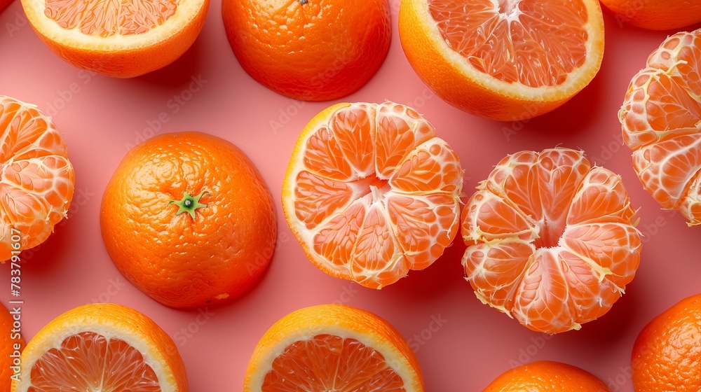 Fresh Tangerines on Pink Background Flat Lay Fresh Tangerines on Pink Background Flat Lay