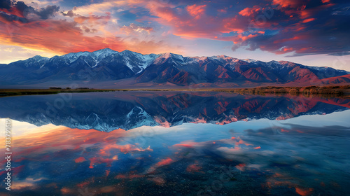 Splendid Sundown at the Tranquil Lake in Snow-Capped Nevada National Park