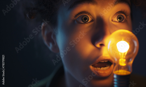Close up surprised or afraid young girl looking surprised holding a light bulb in her hand
