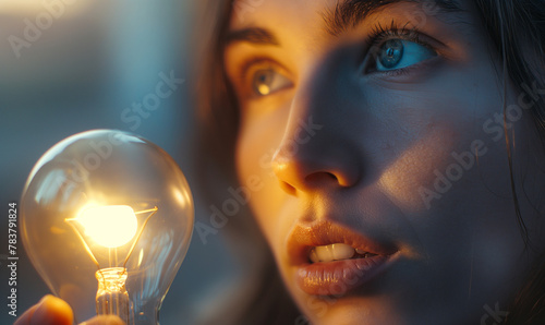 Close up calm young woman or girl looking holding a light bulb in her hand thinking of invention of sustainable and less consumptive energy source photo