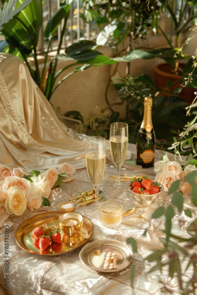 gold accents on spa tools, a person wearing silk pajamas, a massage with champagne and strawberries nearby