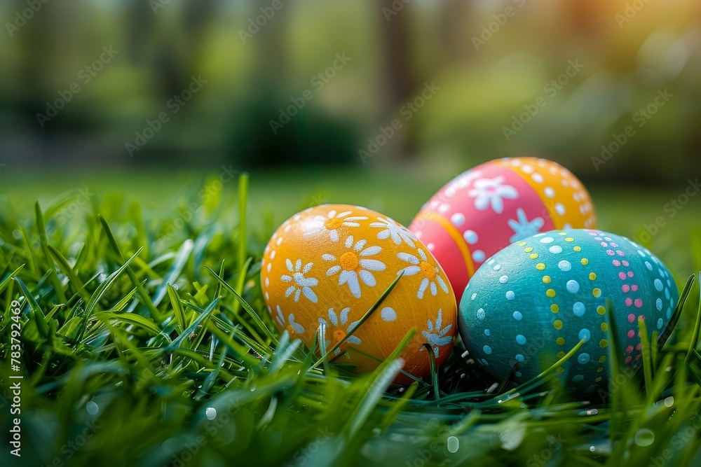 Brightly colored Easter eggs on a springtime background, simple and clean for text