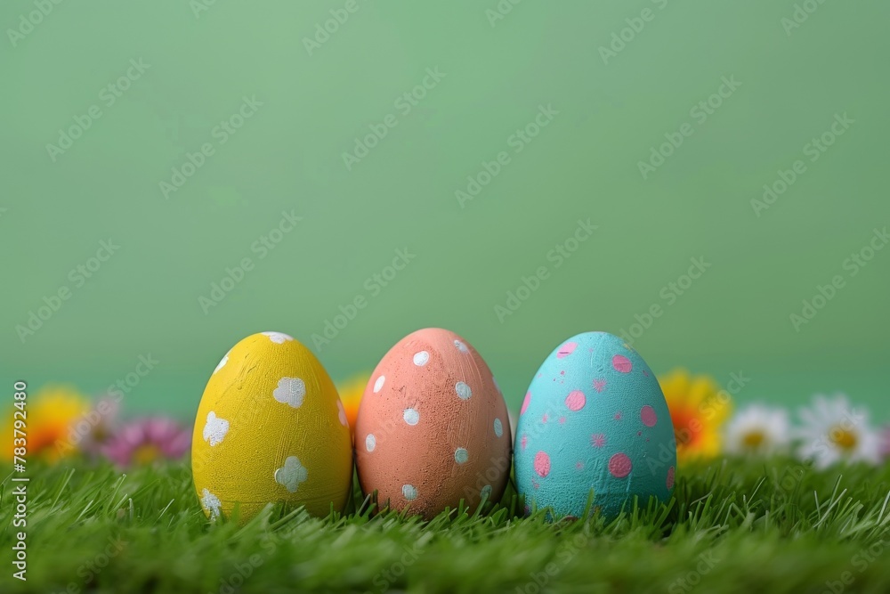 Brightly colored Easter eggs on a springtime background, simple and clean for text Brightly colored Easter eggs on a springtime background, simple and clean for text