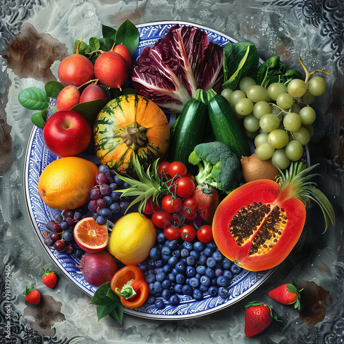 A vibrant image of colorful fruits and vegetables arranged on a plate or in a market stall, promoting the importance of a balanced diet and healthy eating habits.