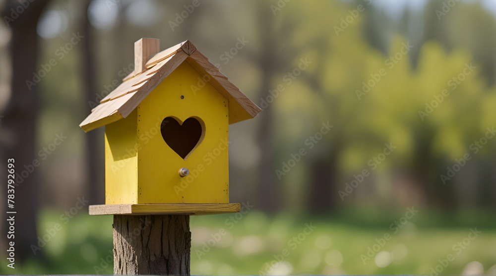 Yellow bird house with the heart shapped entrance on blurred spring outdoor background.generative.ai Yellow bird house with the heart shapped entrance on blurred spring outdoor background.generative.ai