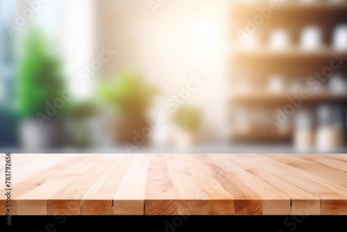An empty wooden table overlooking a light brighten blurred defocused kitchen for representive your product with copyspace photo